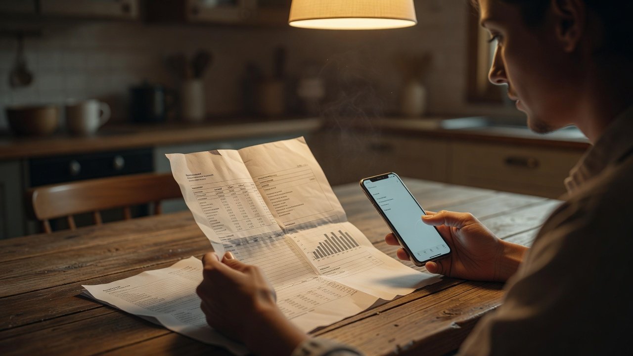 Person reviewing a credit report document next to a laptop and a smartphone at a table