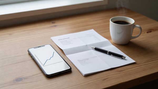 Smartphone showing a savings balance beside a paper statement on a desk