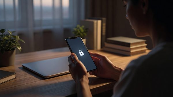 Person looking at a phone showing a locked account screen while seated at a desk