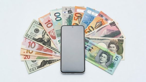 Currency symbols from multiple countries arranged around a smartphone showing a money transfer app