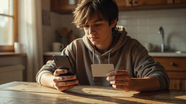 Teenager holding a debit card while looking at a phone at a kitchen table