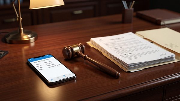 Smartphone displaying a payment app interface next to a stack of paperwork and a gavel-like ruler