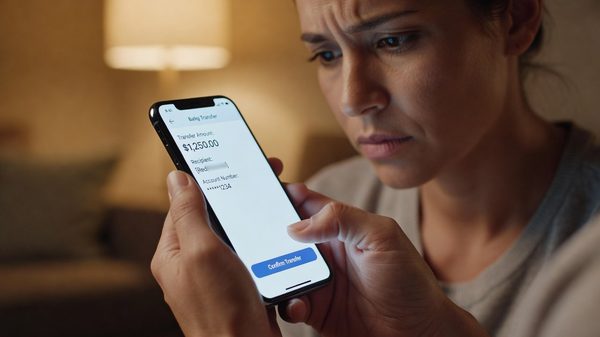 A person reviewing a bank statement on a smartphone, looking concerned at a payment transaction